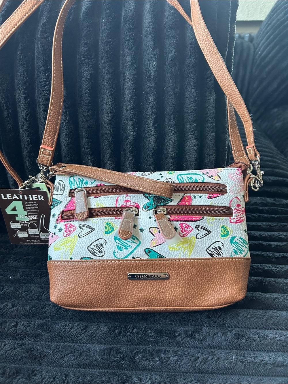 Stone & Co. Multicolor Heart Print Crossbody with Tan Trim